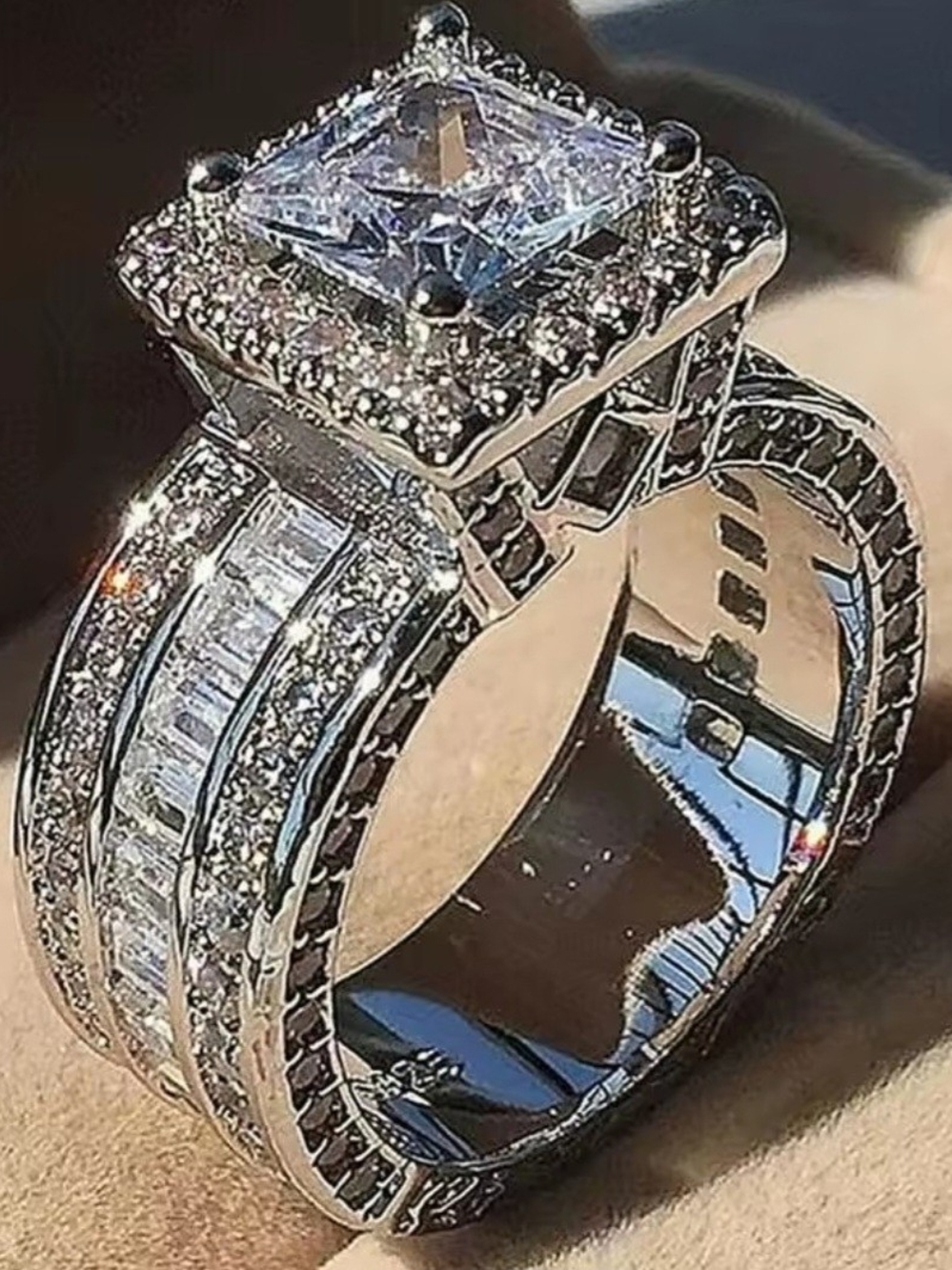 Classic Princess-Cut Halo Silver Bridal Ring with Clear Stones